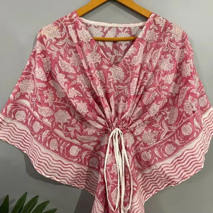 Caftán de algodón de verano para mujer, Vestido corto y largo con estampado de bloques indios, vestidos informales para dormir de noche, Top con estampado de flores - Product Image 1