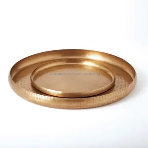 World Menagerie <b>Round</b> Antique Hand Hammered Metal <b>Serving</b> <b>Tray</b> With Copper Colar - Product Image 1