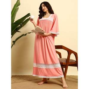 Camisón Victoriano de Encaje 100% Algodón para Mujer, Mangas Largas, Largo Completo, Tela Transpirable, Diseño Estampado en el Cuello, Verano - Product Image 1