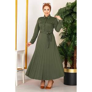 Pleated <b>Skirt</b> Hijab Dress 100MD21515 Almond Green - Product Image 5