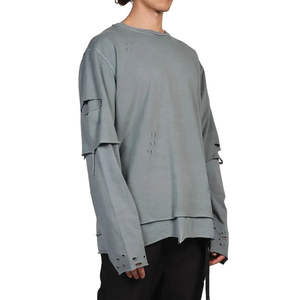 เสื้อยืดแขนยาวผู้ชายทรงหลวมสไตล์วินเทจ ล้างสีแบบแอซิด แต่งรอยขาด ดีไซน์สองชั้น น้ำหนักมาก - Product Image 2