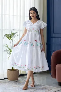 Attractive 100% Cotton Boho Long Embroidered Maxi Dress Trendy Ukrainian <b>White</b> V- Neck <b>Ladies</b> Short Sleeve Dress - Product Image 5