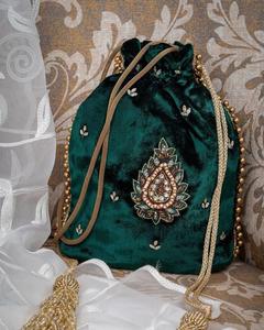 Bolsa de Potli de seda 2024 elegante y hermosa adornada con botella cuentas de cristal verde bordado de perlas para fiesta/boda - Product Image 1