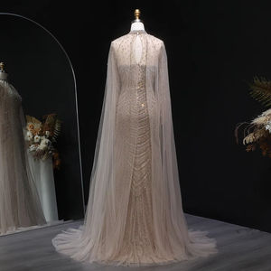 Jancember LSZ165 Robe de soirée sirène en cristal <span class=keywords><strong>champagne</strong></span> avec perles musulmanes et châle - Product Image 5