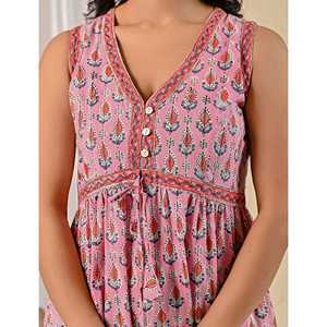 Vestido Rosa de Algodón Mulmul con Estampado Butta Block, Cintura Imperio, Transpirable, Elegante, Casual, para Fiestas, Talla XS, Ideal para Club, Días Festivos - Product Image 2