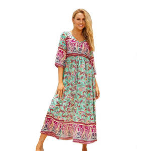 Vestido Maxi Floral Estilo Bohemia 2021 para Mujer, Blusas con Cintura Elástica, Tops Elegantes con Decoración Drapeada para Ocio en la Playa, Digital - Product Image 3