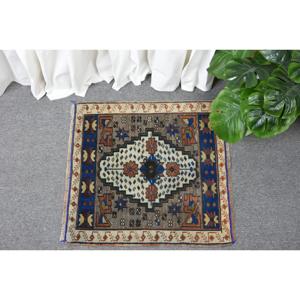 Tapis vintage, petit tapis turc 1,8x1,9 pieds, tapis persan en laine bleu brun - Product Image 1