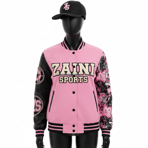 Chaqueta Universitaria para Mujer, Cuerpo de Lana de 380 GSM, Mangas de Cuero Negro, Paneles Rosas, Parches Bordados con Logotipo Personalizado - Product Image 1