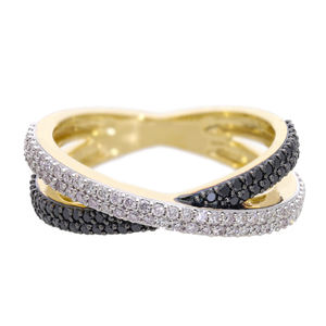 Bague croisée en or jaune 14K audacieuse avec diamants naturels noirs et blancs à double pavé Design contemporain - Product Image 3