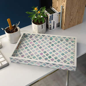 Plateau de service pliable classique blanc, design géométrique en mosaïque verte, incrustation de mosaïque, salon, décoration de coiffeuse - Product Image 2