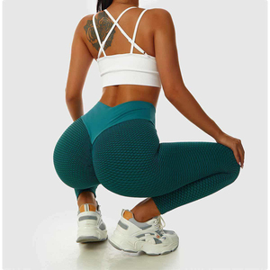 Venta al por mayor de mallas de fitness para las mujeres de cintura alta acanalado de compresión de las niñas Push-up Pantalón elástico de la cintura de cierre de patrón sólido medias - Product Image 6