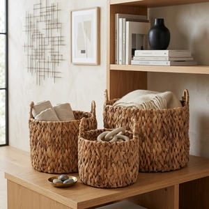 Ensemble de paniers de rangement en écorce de bananier naturelle, avec structure en fer, cylindriques tressés, à poignée arquée, pour plantes et décoration artistique de la maison - Product Image 4