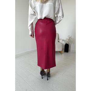 Jupe fendue en satin fuchsia avec patte de boutonnage décorative brillante – Vente en gros - Product Image 2