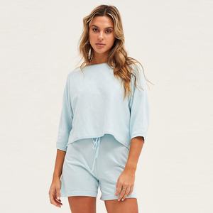 Blue Oversized Lounge Knit Summer Set <b>for</b> Plus Size Women <b>Casual</b> Pullover Top High Waist <b>Shorts</b> Comfort Fit Loose Comfy Solid - Product Image 5