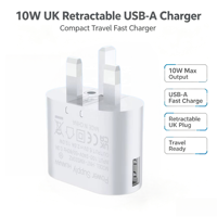 Chargeur USB-A 10W avec prise pliable UK, certifié UKCA CE, adaptateur secteur mural rétractable 5V2A, chargeur de voyage rapide pour téléphone