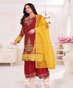 FANCY CHINON SILK EMBROIDERY SEQUENCE WORK <b>TOP</b> PALAZZO WITH DUPATTA FESTIVE WEAR WHOLESALE PRICE ETHNIC GARMENT <b>RED</b> COLOR - Product Image 1