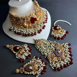 Traditionnel fait à la main Antique Designer indien bijoux de mariée Zircon plaqué or bijoux de mariage collier boucles d'oreilles pour dame fille - Product Image 4