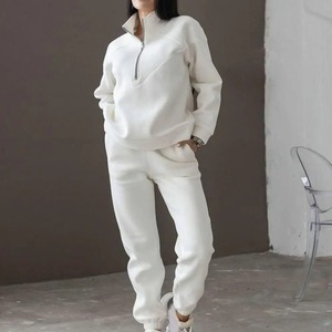 Survêtement à capuche haute pour femmes Ensemble ample à manches longues couleur unie sweat Jogging pantalon chaud taille élastique tricoté dos - Product Image 3