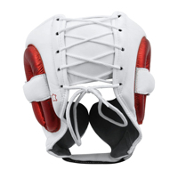 Protège-tête de boxe en cuir PU blanc avec protection d'oreilles rouge, fermeture auto-agrippante réglable, casque de sport unisexe pour adulte