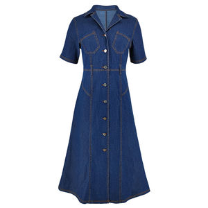Robe midi en jean à manches courtes pour femmes, élégante, boutonnée, chemise en jean, coupe ajustée, col rabattu, style A - Product Image 2
