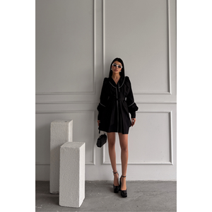 Vestido Negro de Popelina con Corte Evase, Detalle de Botones Frontales y Cinturón con Lazo, Estilo Casual - Product Image 6