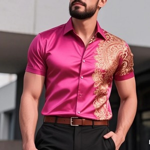 Chemises pour hommes personnalisées, élégantes, respirantes, imprimées en 3D, à col montant, chemises décontractées, nouvelles chemises en coton à manches courtes et coupe ajustée - Product Image 2