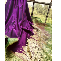 Sari de Seda Satinada Banarasi Brillante Tejido a Mano, Diseño de Borde en Contraste de Dos Tonos, Tejido Tradicional de Lujo de Secado Rápido