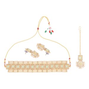 ชุดสร้อยคอแบบโชคเกอร์ประดับคริสตัลและมุกเทียมชุบทองสไตล์อินเดียโบราณ พร้อมต่างหูแบบชานด์บาลีและมงกุฎมงติกก้า ของขวัญสำหรับผู้หญิง - Product Image 6