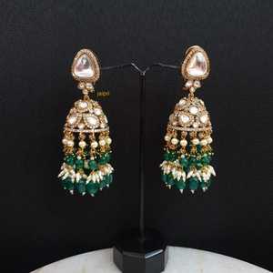 Gold Plated <b>Green</b> Stone Kundan Polki Jhumki Made of Alloy Material - Product Image 3