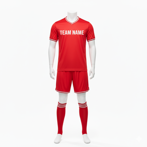 Ensemble de maillot et short de football pour adulte rouge personnalisé - avec bordure blanche et col rond - 100% polyester antibactérien - Product Image 3