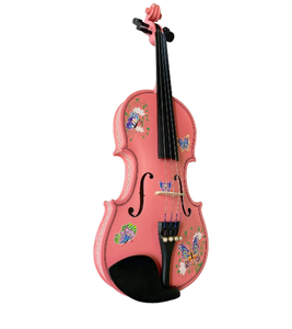 Violon acoustique peint en papillon rose, charmant instrument d'étudiant avec art floral, disponible au prix de gros. - Product Image 1