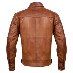 Chaqueta de cuero de motorista marrón de moda, cuello a presión, cierre de cremallera, puños abotonados, ropa de motocicleta informal OEM personalizada para invierno - Product Image 3