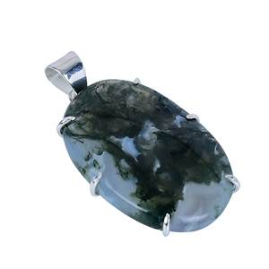 Colgante fino chapado en oro de Plata de Ley 925 con cabujón ovalado de ágata de musgo de bosque, collar para mujer, sin níquel y sin plomo - Product Image 1