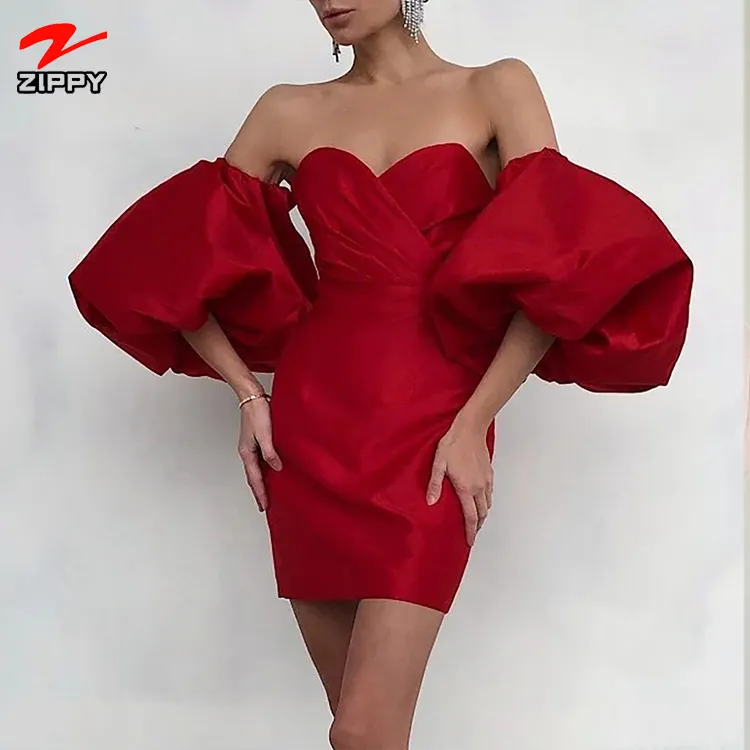 Red Strapless Off Shoulder Bodycon Evening Dresses Women Party Night Elegant Short Puff Sleeve Backless Female Mini Dress 2023