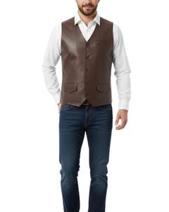 Gilet formel classique pour homme en cuir véritable marron, sans manches, boutonné sur le devant, avec col en V - Product Image 4