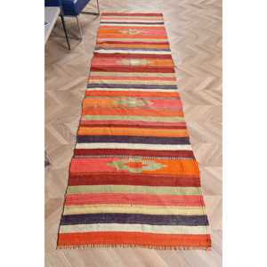 Vintage Turkish Kilim Rug 2.6x9.2 ft (80x279 cm), <b>Red</b> Floral <b>Wool</b> Rug - Product Image 1