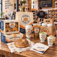 Ensemble d'emballages en papier pour bagels personnalisés AT PACK avec sacs imprimés, papier d'emballage, boîtes, gobelets à café et fournitures à emporter pour café