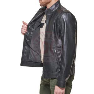 Vêtement d'extérieur pour homme en cuir véritable sur mesure en gros, col montant, coupe ajustée, fermeture éclair sur le devant, logo de motard - Product Image 4