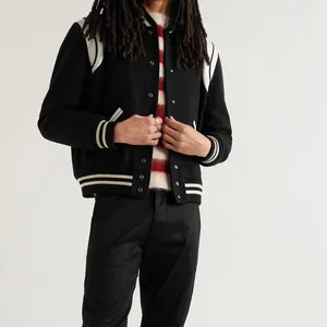 Men's <b>Black</b> Varsity <b>Jacket</b> Wool Polyester Stand Collar Button Front Preppy Style Regular Fit Autumn Wear - Product Image 3