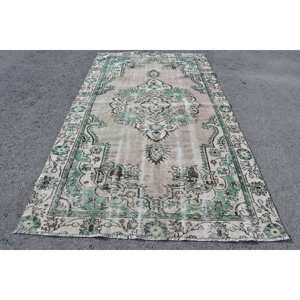 Alfombra de lana de retazos Vintage de 5,4x9,5 pies tejido plano turco con respaldo de látex para decoración para sala de estar Color verde Beige - Product Image 1