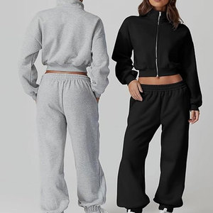 ชุดเซ็ตแทรคสูทสองชิ้นผ้าฟลีซถักแบบลำลองสไตล์วินเทจสำหรับผู้หญิง เสื้อครอปสั้นแบบมีซิป ฮู้ดดี้ สตรีทแวร์ ปี 2026 - Product Image 6