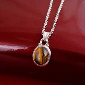 Tigers Eye Pendant <b>Necklace</b> <b>Boho</b> Brass Jewelry For Women Silver Plated Geometric Design Ethnic Style Wholesale - Product Image 1