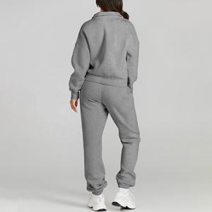 Luxe Y2K Femmes Polaire Demi Zip Sweat Jogger Pantalon Ensemble Gris Marron Solide Motif Écologique pour la Saison de Printemps - Product Image 2