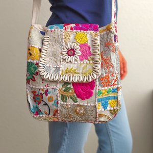 Noorja Kambhari Vintage Lady Bohemian Art Patchwork <b>Shoulder</b> Bag Single <b>Strap</b> Geometric Embroidery Pattern Polyester Zipper - Product Image 5