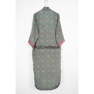 Classy Women's 100% Silk Luxury Kimono Robe V-neck Patchwork Design Drawstring Closure Full Length <b>Long</b> <b>Sleeves</b> Kimono For Girl - Product Image 5