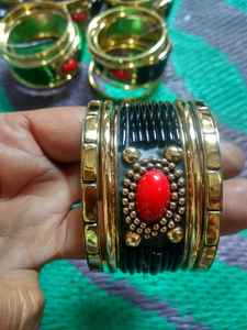 Handmade Brass <b>Bangles</b> and Cuff Set with Polished <b>Gold</b> Finish Decorative Dots and Agate Accents Ethnic Wedding Fashion Jewelry - Product Image 5