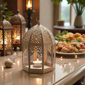 Elegante Lámpara de Metal para Ramadán con Intrincados Relieves, Luz Cálida de Vela, Perfecta para Decoración Festiva, Ambiente del Hogar y Regalos - Product Image 3