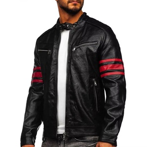 Veste de moto pour homme en cuir véritable noir, écologique, coupe-vent, col montant, fermeture éclair, coupe ajustée, manches régulières, hiver - Product Image 3