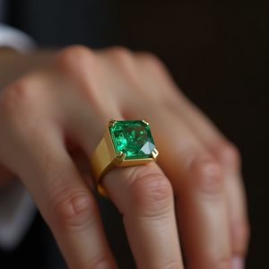 แหวนมรกตวงกว้างสีทอง14K สำหรับผู้ชายชุดฟลัชตามสั่งเครื่องประดับทันสมัยผิวซาติน - Product Image 2