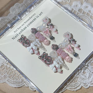 <span class=keywords><strong>Uñas</strong></span> Postizas de Lujo, Estilo Ataúd, Color Blanco y Rosa, con Adornos de Perlas y Corazones, Hechas a Mano - Product Image 5